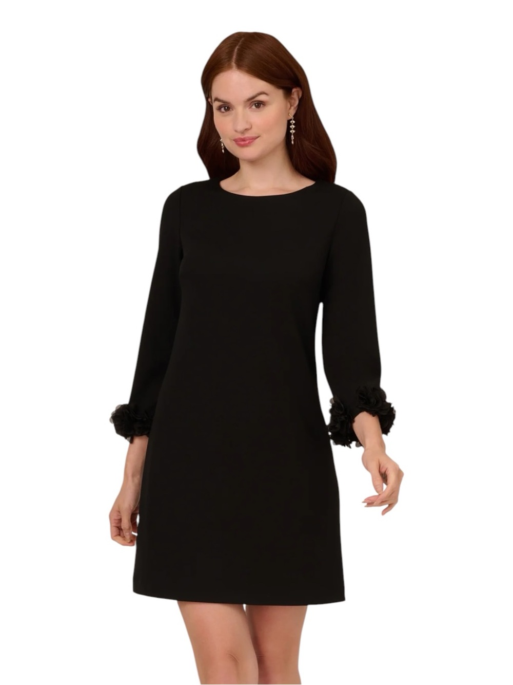 ADRIANNA PAPELL BLACK CREPE 3/4 SLEEVE FLORAL EMBELLISHED CUFF SHEATH DRESS